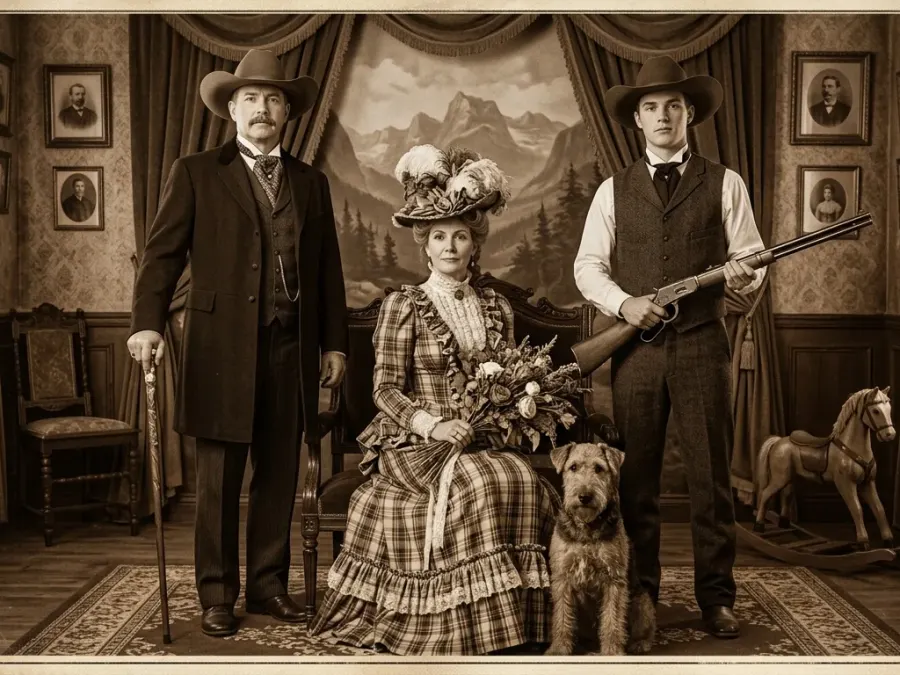 Western-Look , historisches Familienfoto