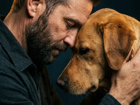 Referenz-Person mit Hund - Stirn an Stirn