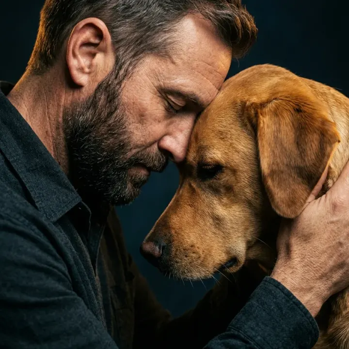 Referenz-Person mit Hund - Stirn an Stirn