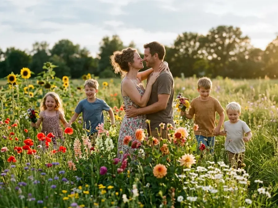 Romantische Familien-Momentaufnahme zur goldenen Stunde auf der Sommerwiese