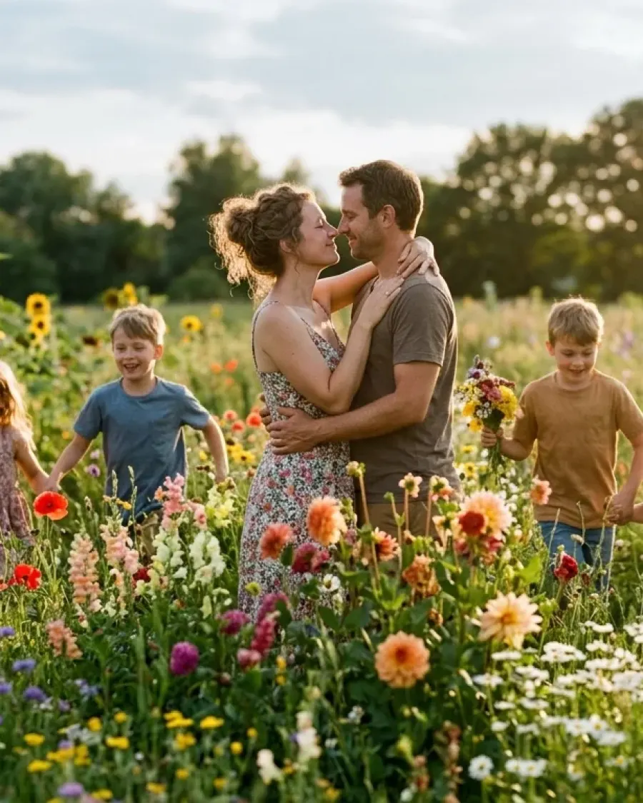 Romantische Familien-Momentaufnahme zur goldenen Stunde auf der Sommerwiese