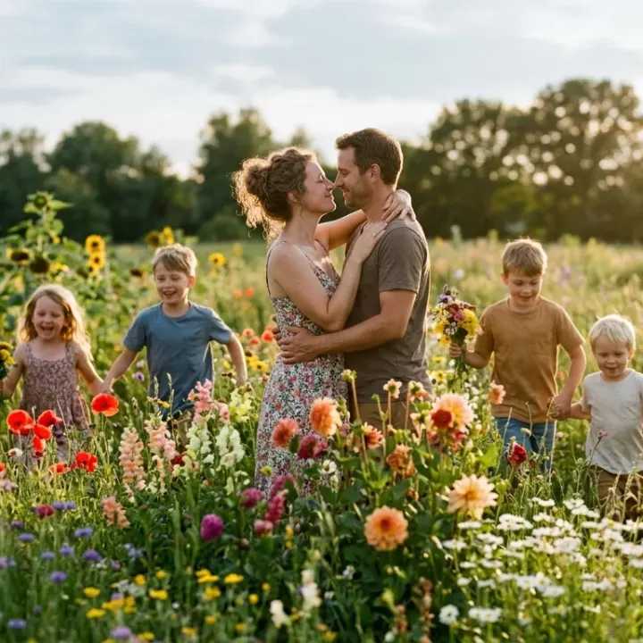Romantische Familien-Momentaufnahme zur goldenen Stunde auf der Sommerwiese