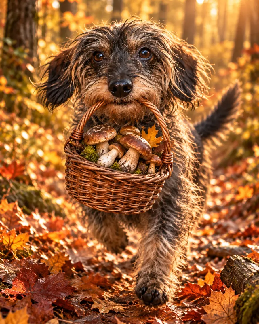 Hund mi Pilzkorb