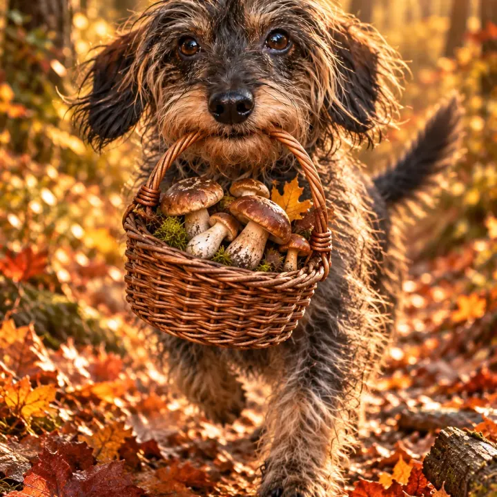 Hund mi Pilzkorb