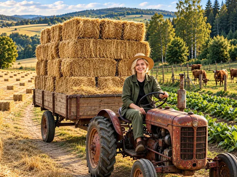 Sommer auf dem Feld - Blondes Mädel auf altem Traktor