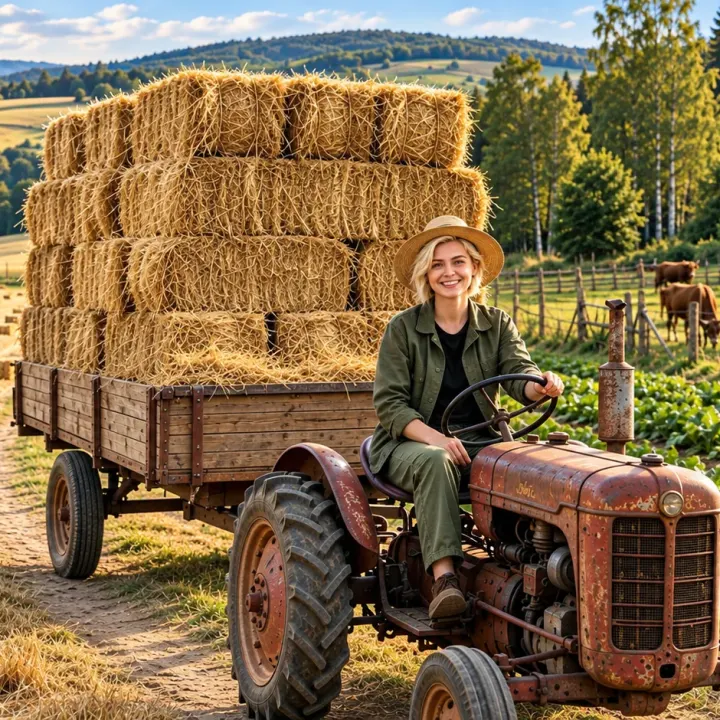 Sommer auf dem Feld - Blondes Mädel auf altem Traktor