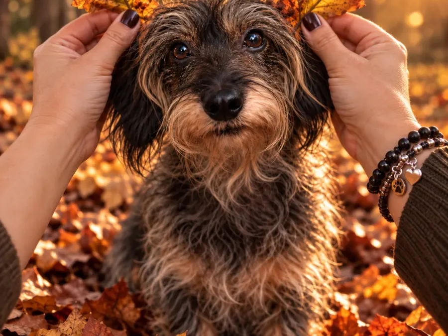 Hund mit Herbstblatt-„Geweih“