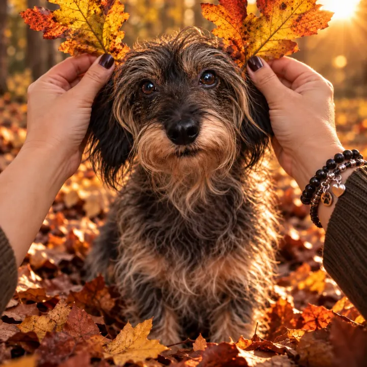 Hund mit Herbstblatt-„Geweih“