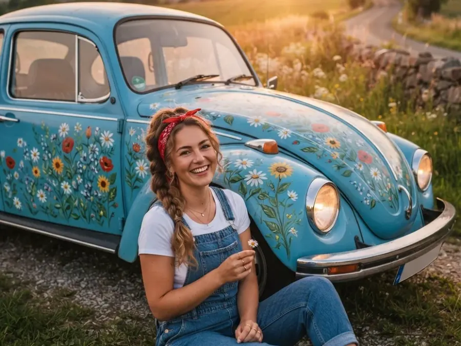 Lieblingsauto (VW Käfer) aus 1980er mit Person vom Referenzfoto