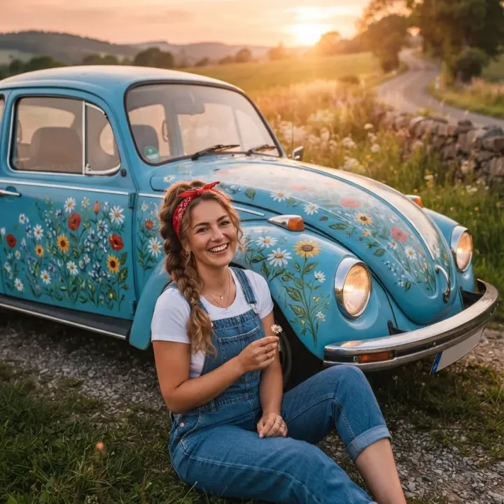 Lieblingsauto (VW Käfer) aus 1980er mit Person vom Referenzfoto