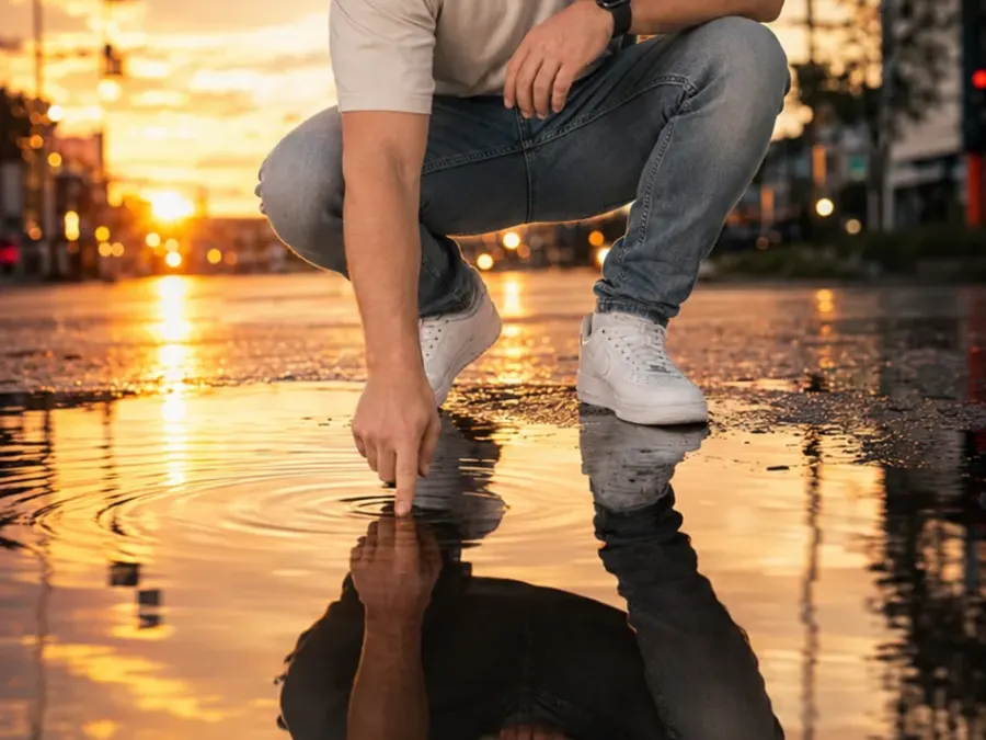 Cineastisches Lifestyle-Porträt mit Pfützenspiegelung im Sonnenuntergangrung