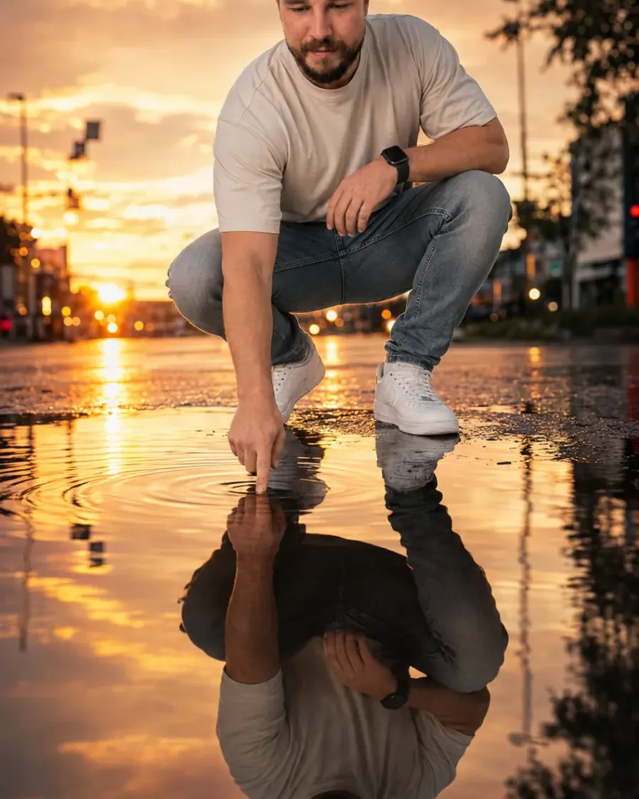 Cineastisches Lifestyle-Porträt mit Pfützenspiegelung im Sonnenuntergangrung