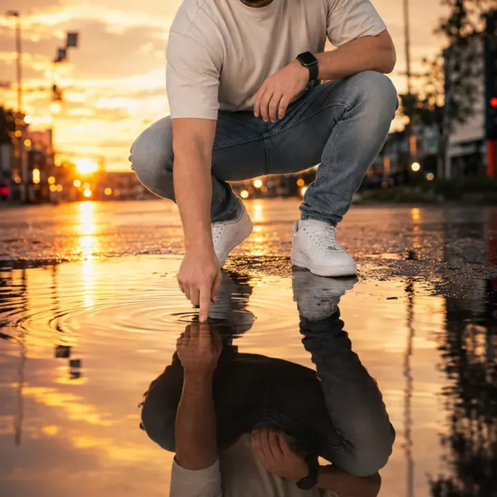 Cineastisches Lifestyle-Porträt mit Pfützenspiegelung im Sonnenuntergangrung