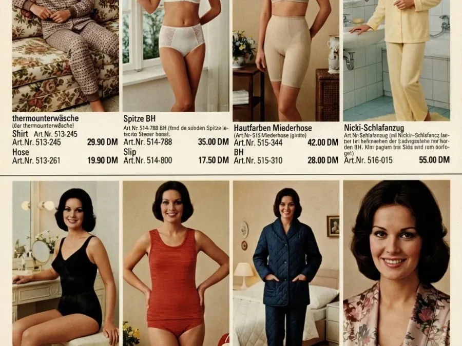 Katalogseite für Leibwäsche in 1970er mit Referenzperson