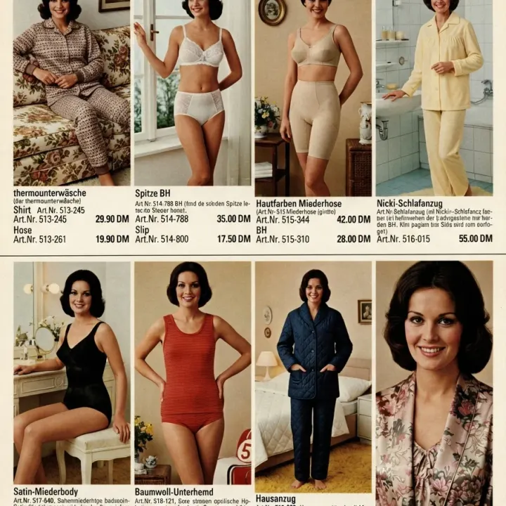 Katalogseite für Leibwäsche in 1970er mit Referenzperson