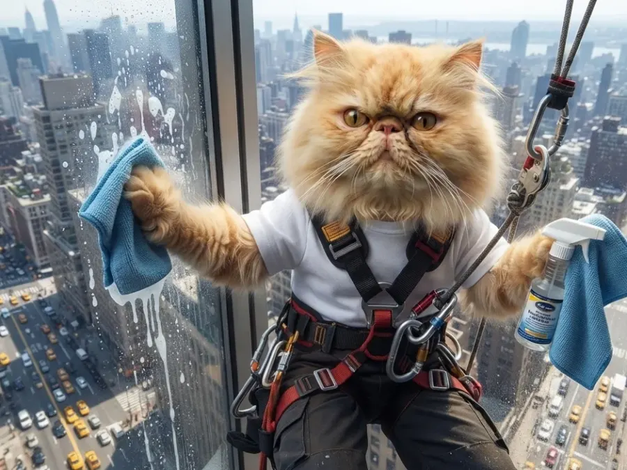 Eine Katze als mutiger Fensterputzer in schwindelerregender Höhe über den Straßen von New York