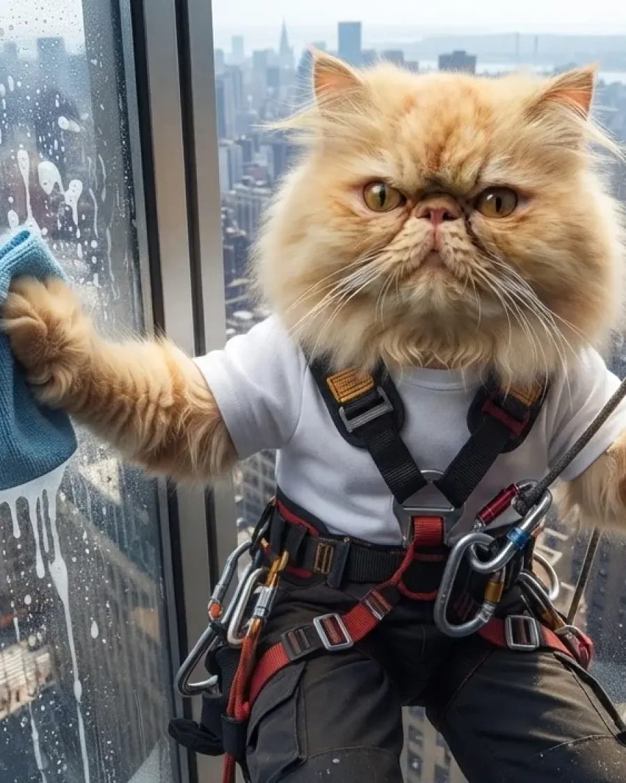 Eine Katze als mutiger Fensterputzer in schwindelerregender Höhe über den Straßen von New York