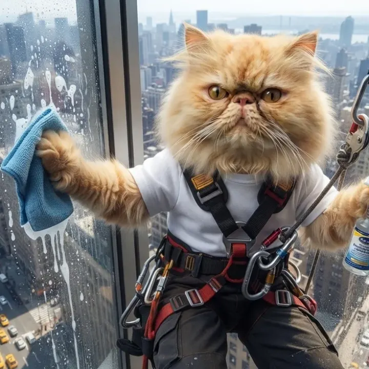 Eine Katze als mutiger Fensterputzer in schwindelerregender Höhe über den Straßen von New York