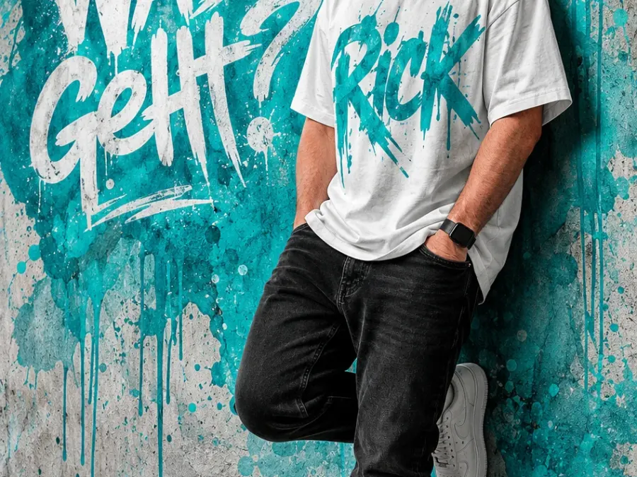Urbanes Streetwear-Porträt mit personalisierter Graffiti-Wand