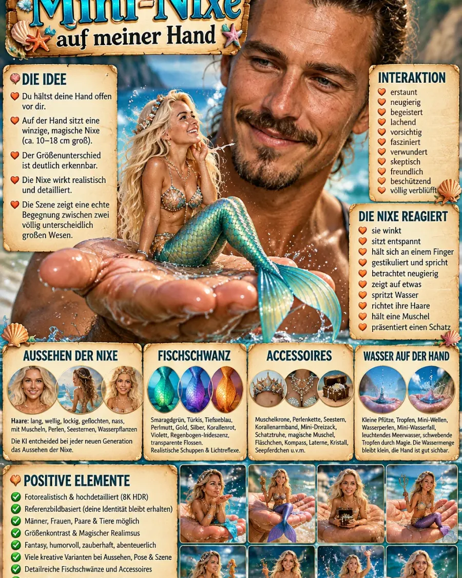 🧜‍♀️🫴✨ UNIVERSALER MITMACH-MASTER-PROMPT „MINI-NIXE AUF MEINER HAND“