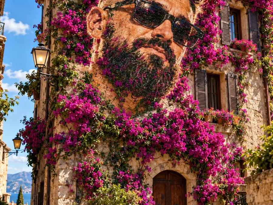 Ein lebendiges Blumenporträt an einer mediterranen Hausfassade