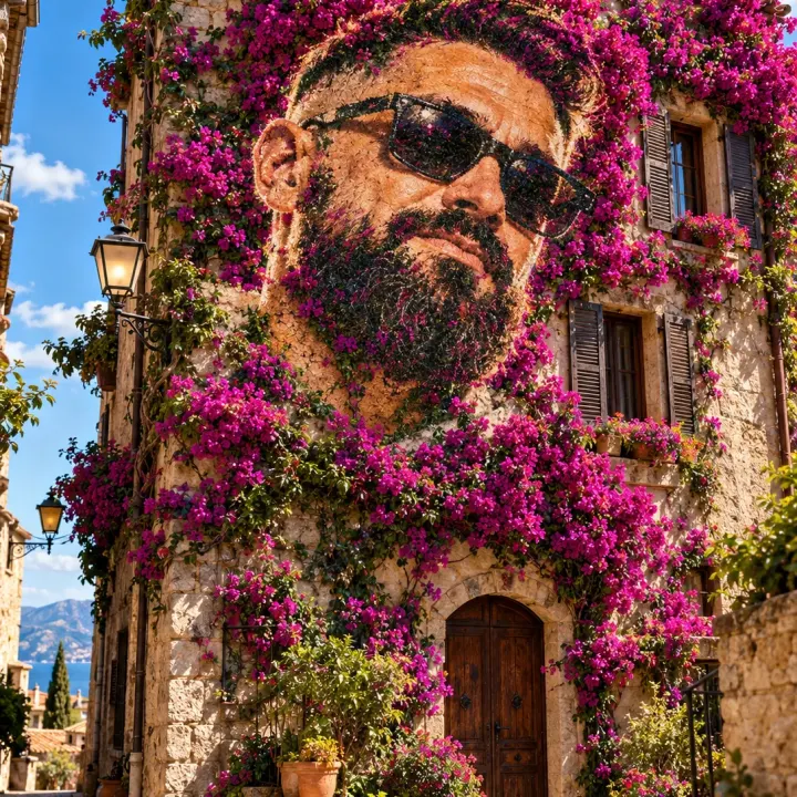 Ein lebendiges Blumenporträt an einer mediterranen Hausfassade