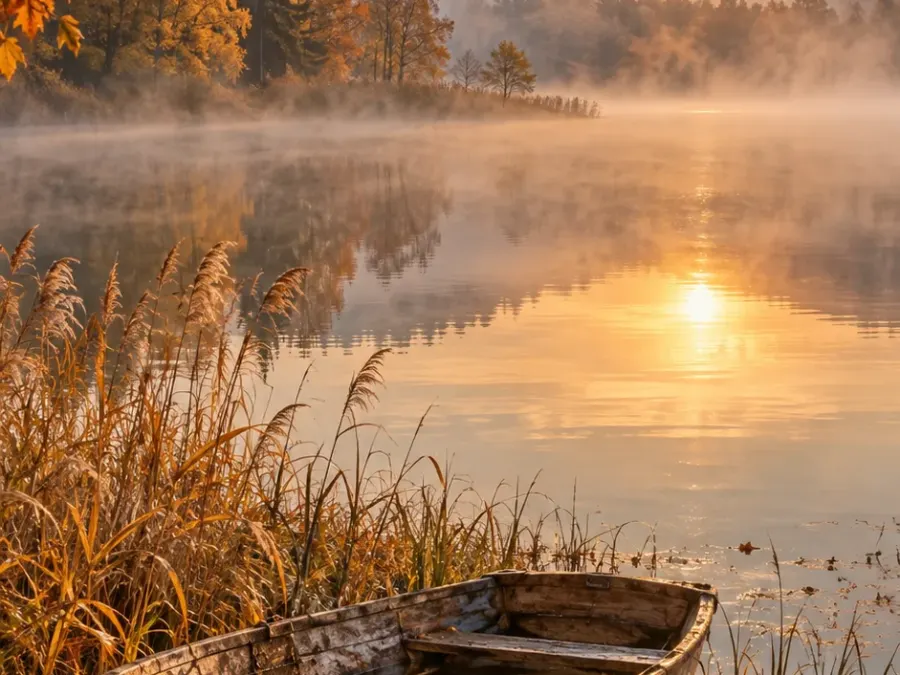 Herbstzauber am See – Holzboot im goldenen Morgennebel