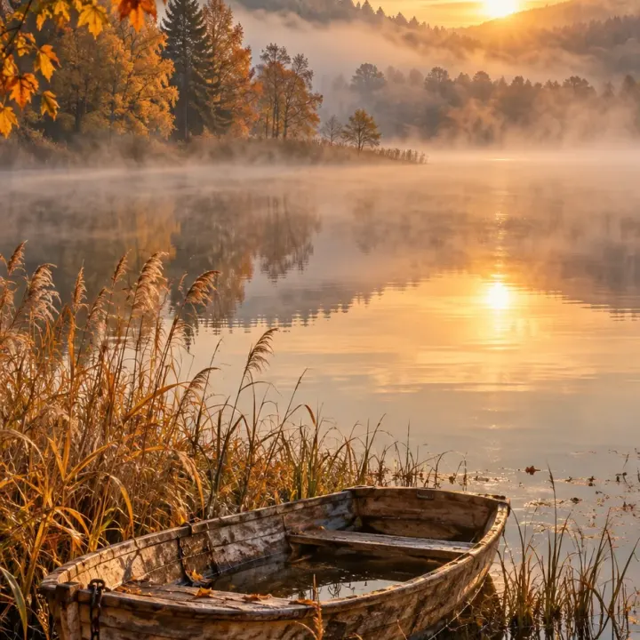 Herbstzauber am See – Holzboot im goldenen Morgennebel