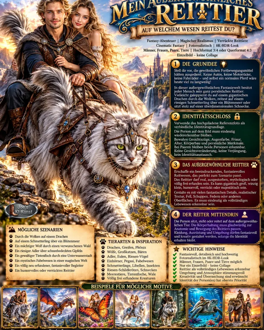 🐉🦄 UNIVERSALER MITMACH-MASTER-PROMPT „MEIN AUßERGEWÖHNLICHES REITTIER – AUF WELCHEM WESEN REITEST DU?“