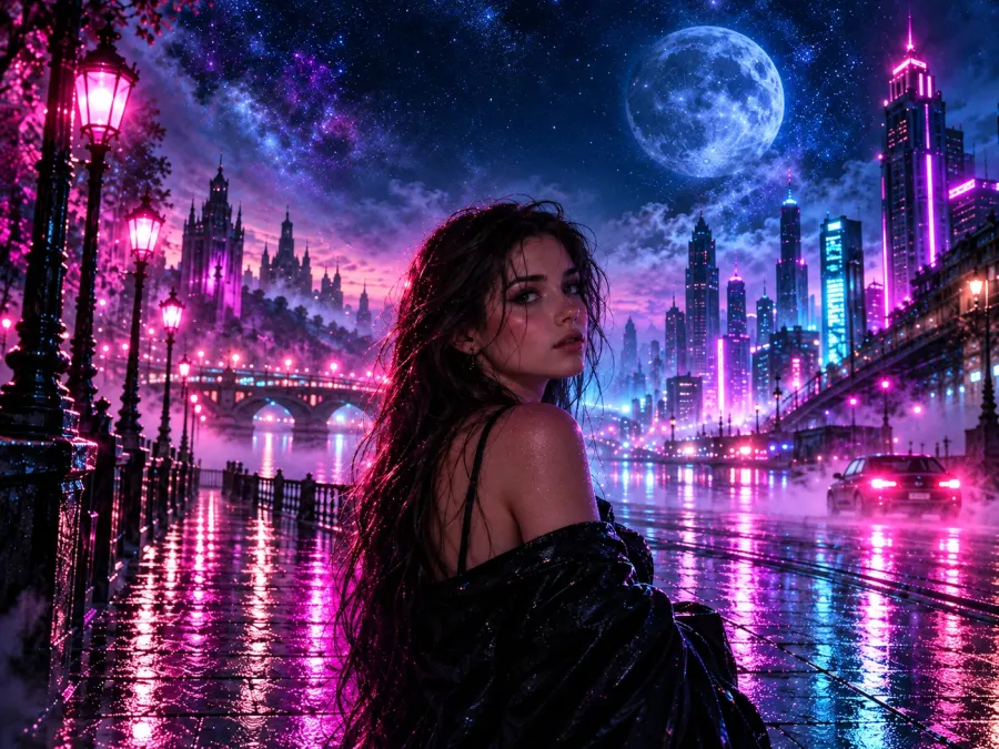 Neonregen unter dem Vollmond