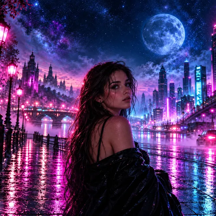 Neonregen unter dem Vollmond