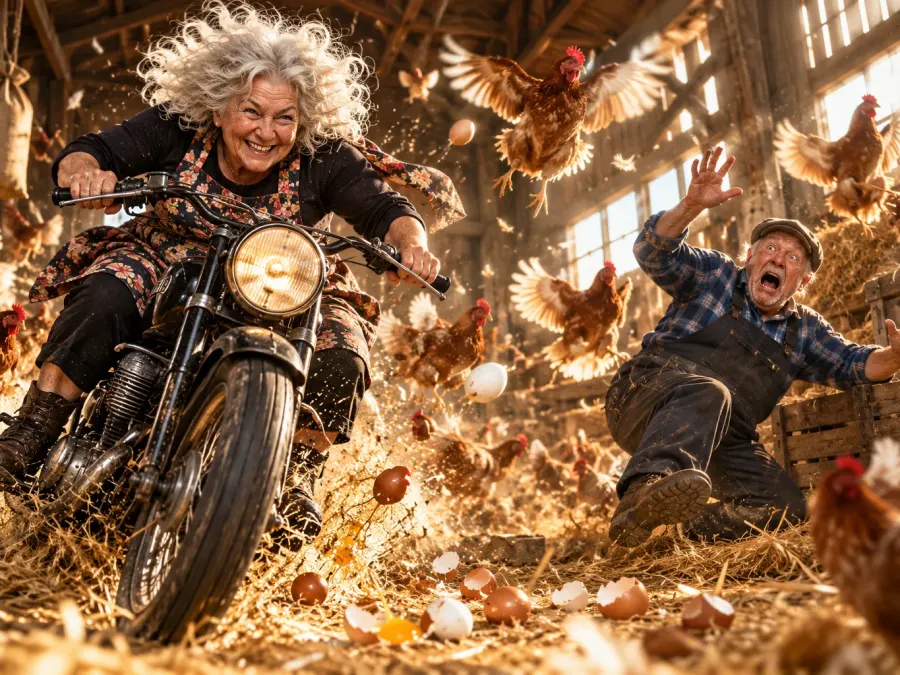 Wilde Motorradfahrt durchs Hühnerchaos