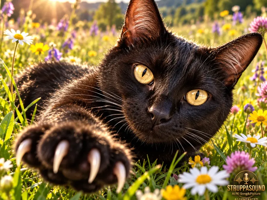 Schwarze Katze im Blumenmeer