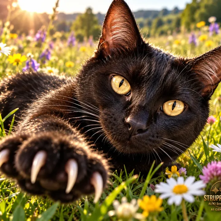 Schwarze Katze im Blumenmeer