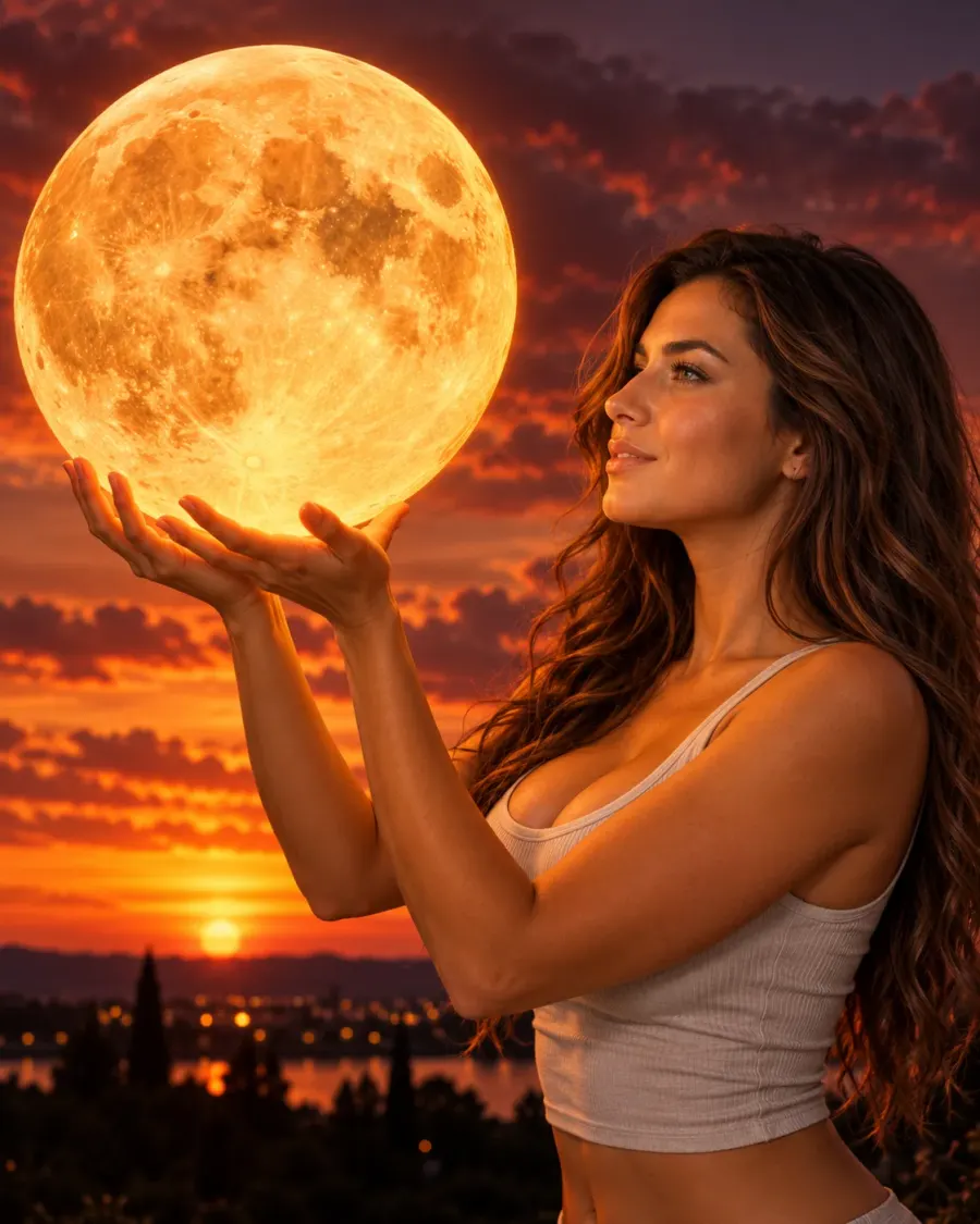 Magischer Vollmond bei feurigem Sonnenuntergang
