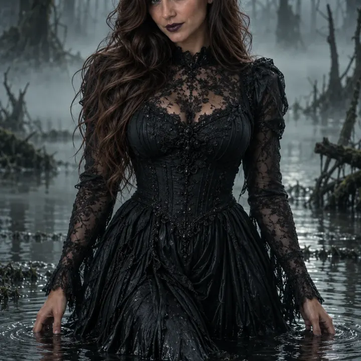 Düsteres Gothic-Porträt im vernebelten Sumpf