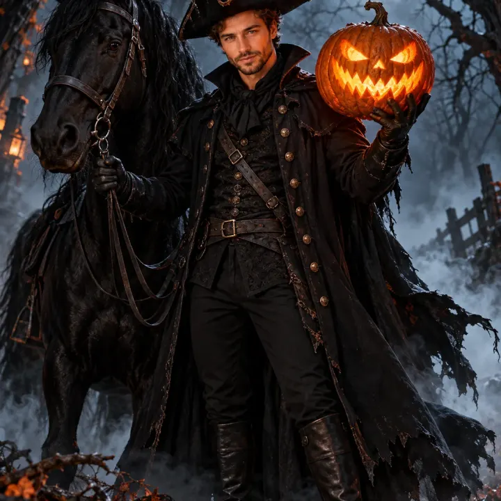 Düsterer Reiter mit leuchtendem Halloween-Kürbis
