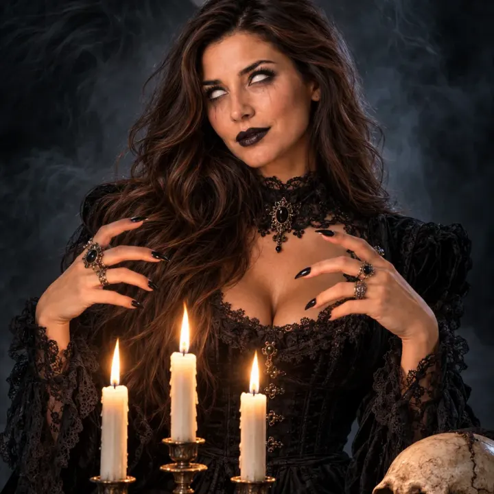 Mystisches Gothic-Horror-Porträt mit Kerzen und Geistererscheinung