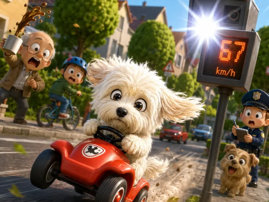 Chibi-Hund bei rasanter Bobbycar-Verfolgung