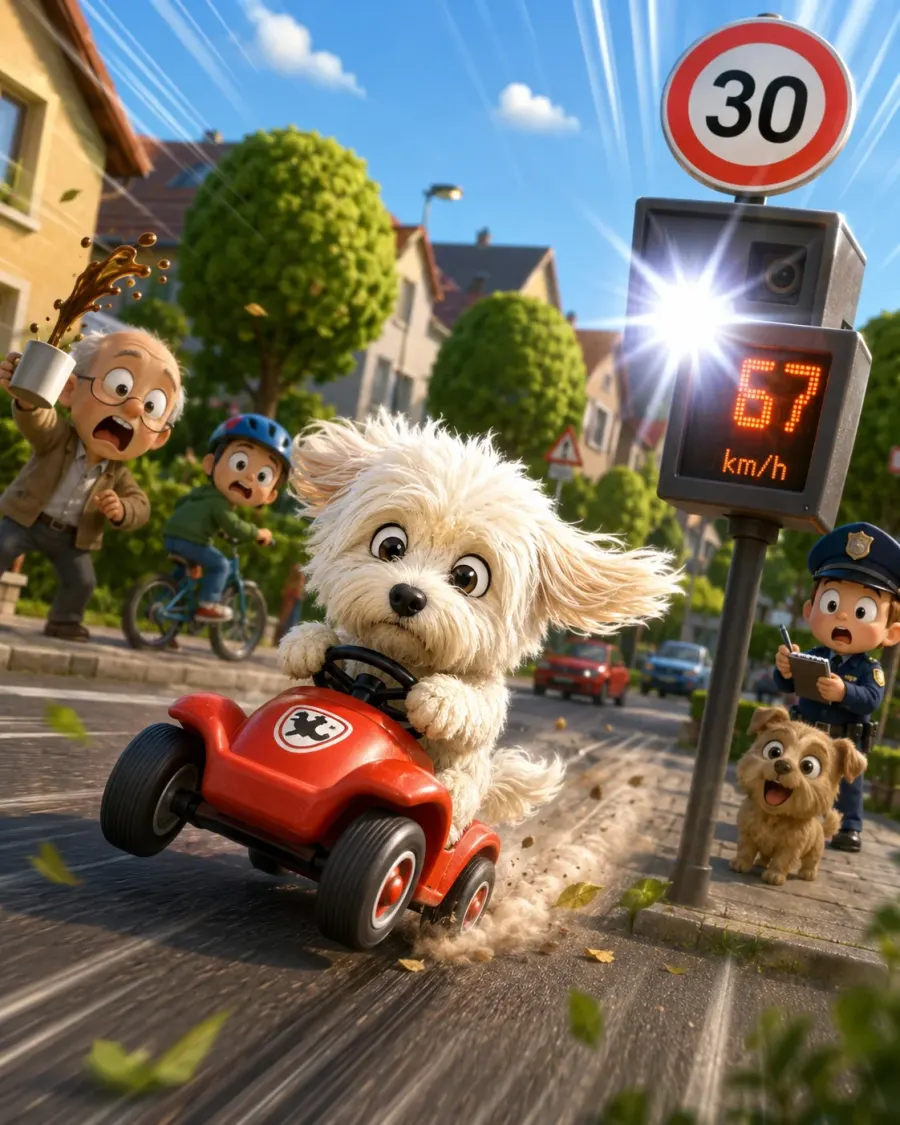 Chibi-Hund bei rasanter Bobbycar-Verfolgung