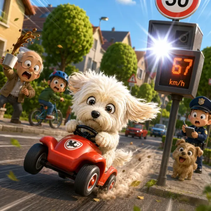 Chibi-Hund bei rasanter Bobbycar-Verfolgung