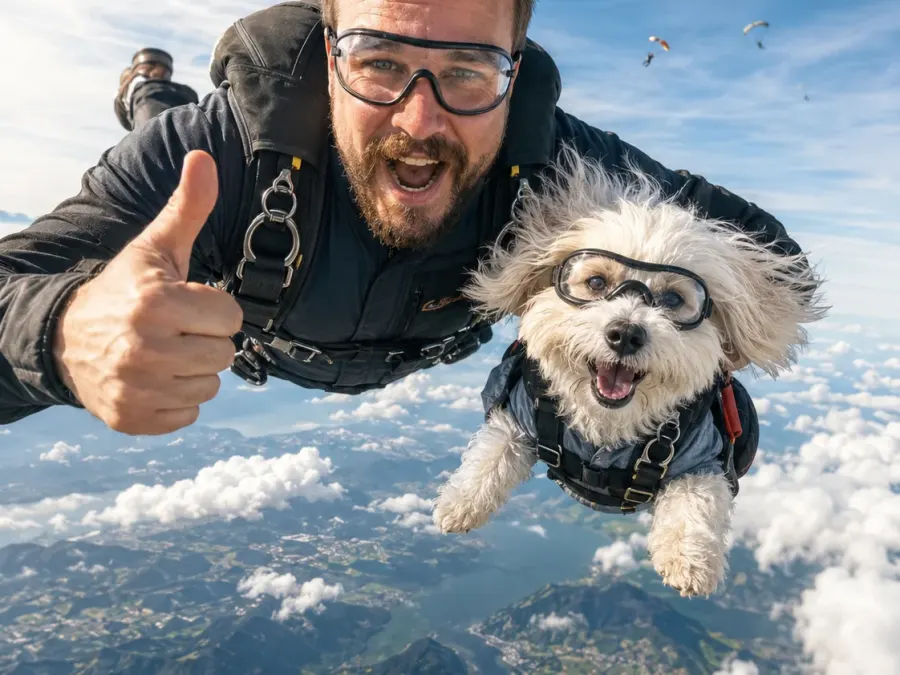 Spektakulärer Fallschirmsprung mit Hund