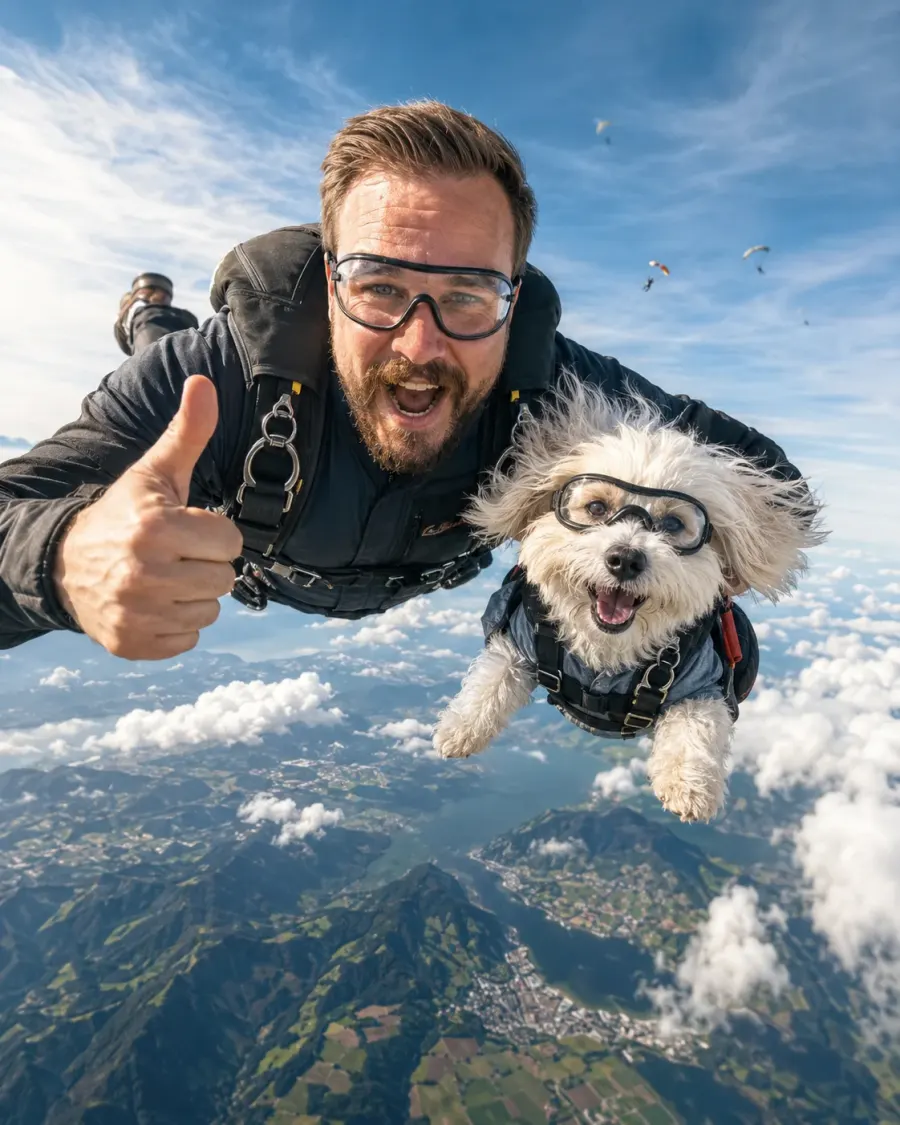 Spektakulärer Fallschirmsprung mit Hund