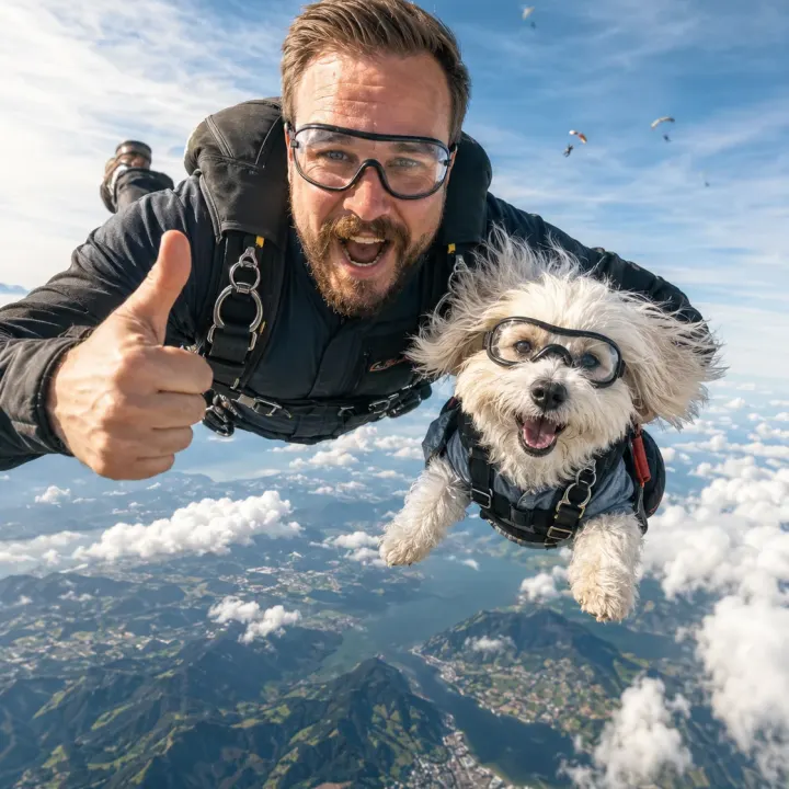 Spektakulärer Fallschirmsprung mit Hund