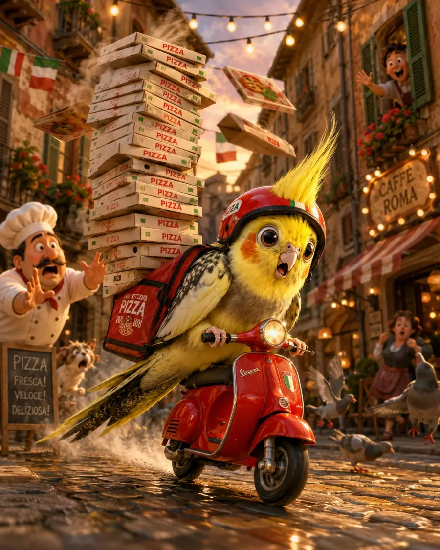 Rasante Pizza-Lieferung im 3D-Chibi-Stil