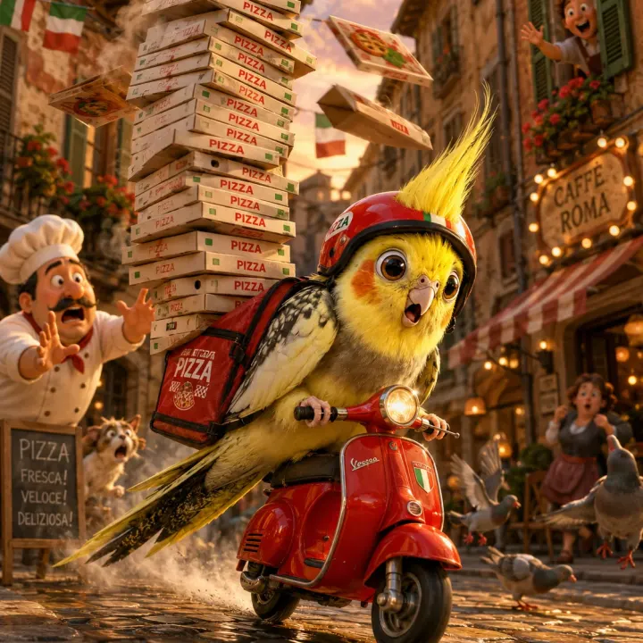 Rasante Pizza-Lieferung im 3D-Chibi-Stil