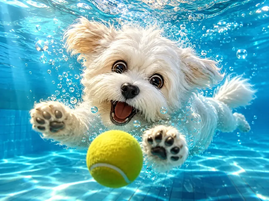 Hund im Chibi-Stil auf Unterwasserjagd nach dem Tennisball