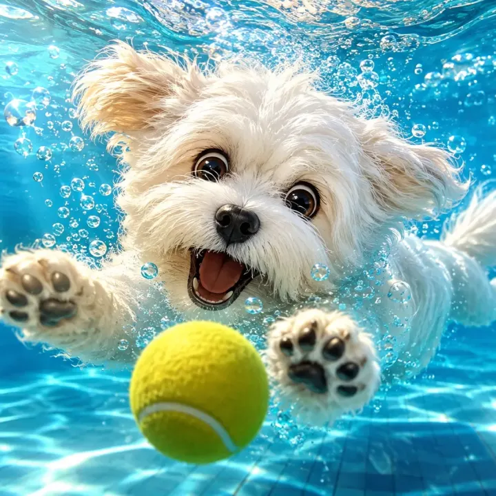 Hund im Chibi-Stil auf Unterwasserjagd nach dem Tennisball