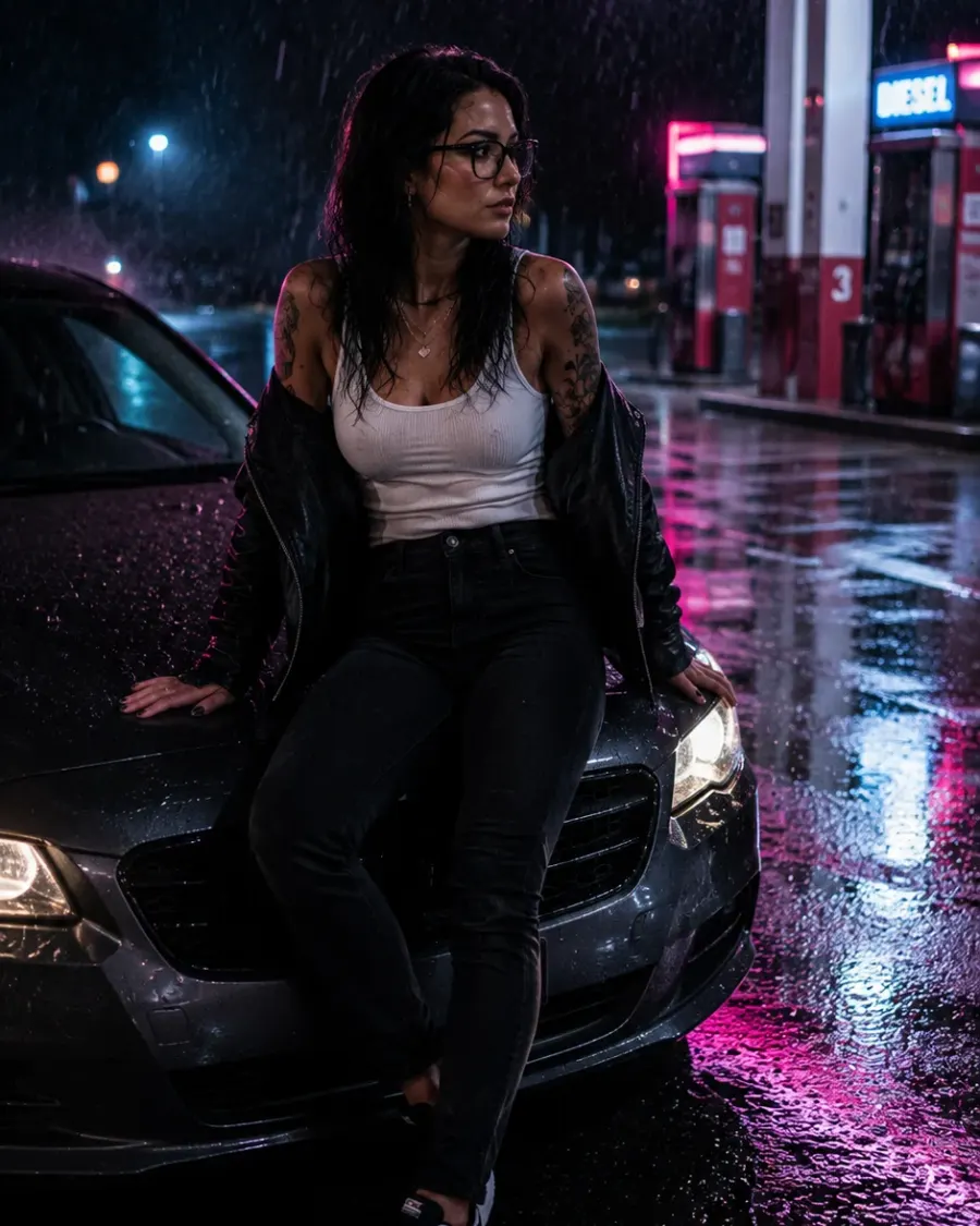 Neon-Tankstelle im Starkregen 🌧️⛽